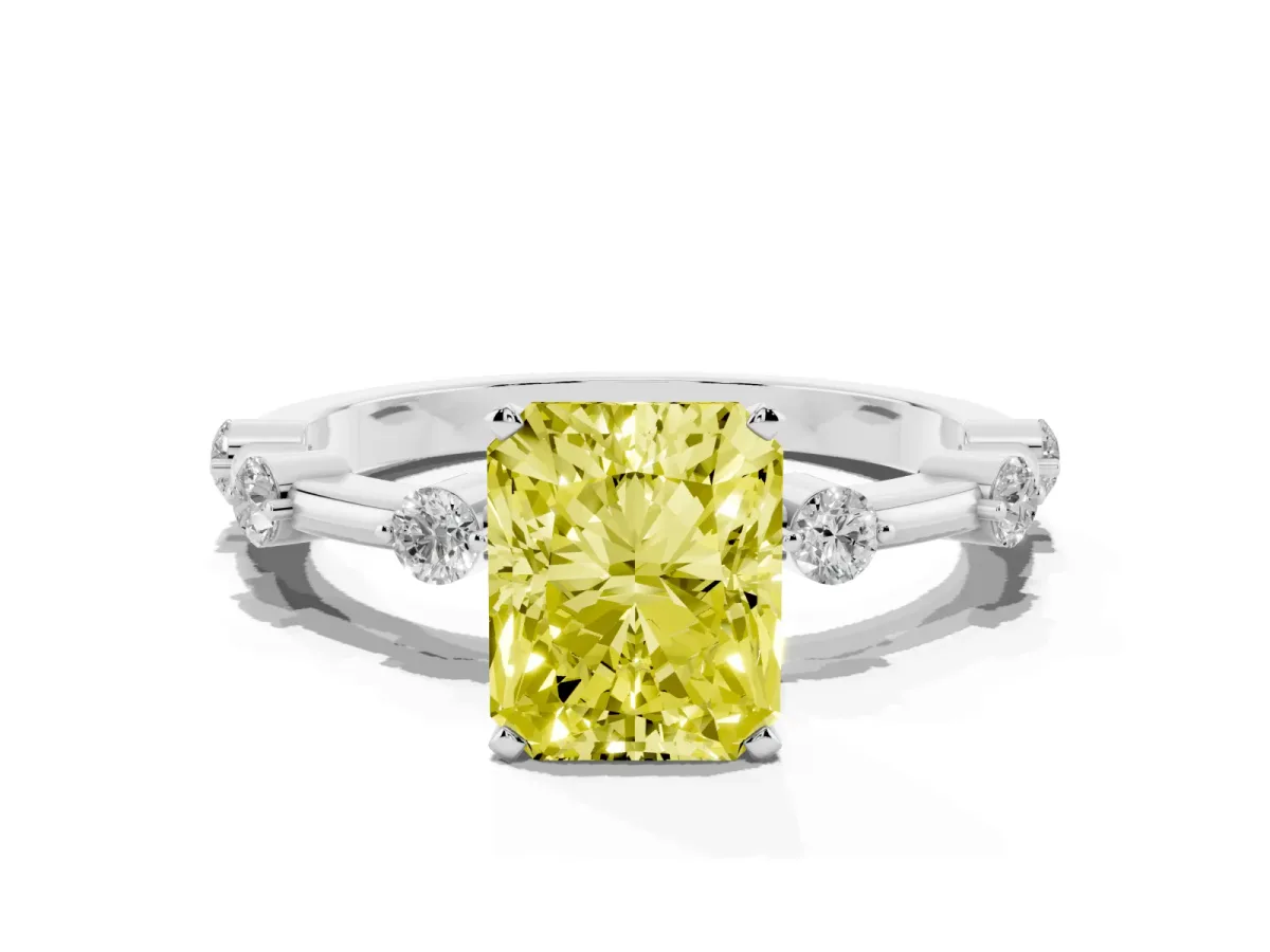 Fancy Yellow Radiant Cut Solitaire Diamond Ring with Bezel Set Side Stones and Prong Setting Silver