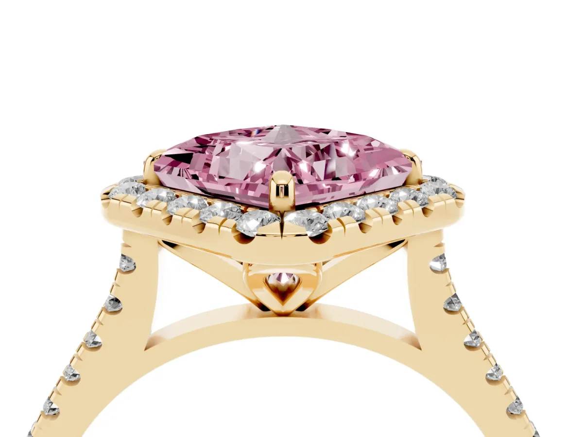 Fancy Pink Princess Cut Diamond Cushion Halo Ring with Pavé Band Yellow gold