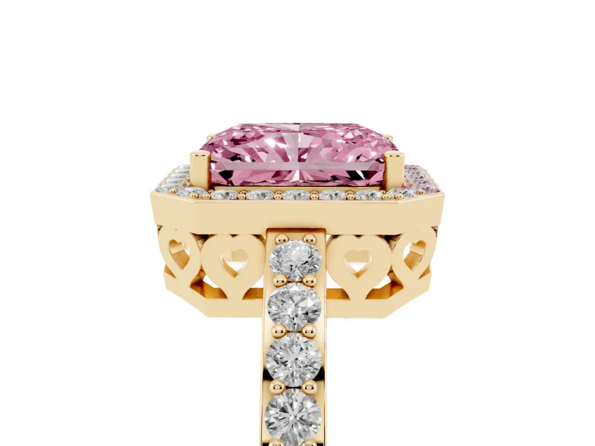 Fancy Pink Radiant Cut Halo Diamond Pavé Band Ring with Prong Setting Yellow gold