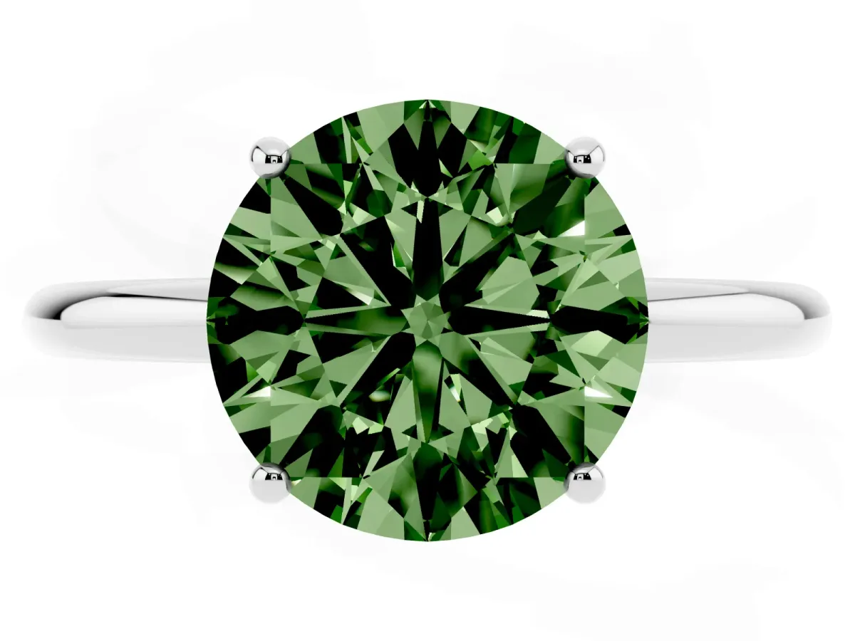 Fancy Green Round Cut Solitaire Diamond Ring with a Classic Band and Four-Prong Setting Silver