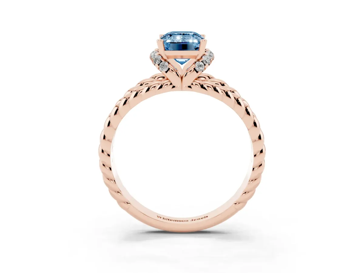 Fancy Blue Emerald Cut Halo Twisted Band Four-Prong Ring Rose gold