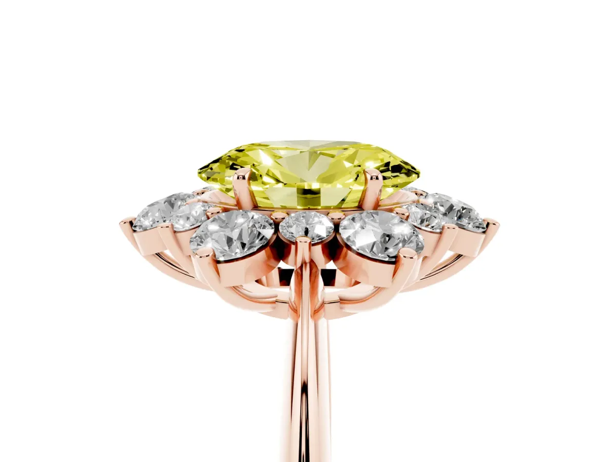 Fancy Yellow Oval Cut Diamond Cluster Halo Ring with Solitaire Band and Four-Prong Setting Rose gold