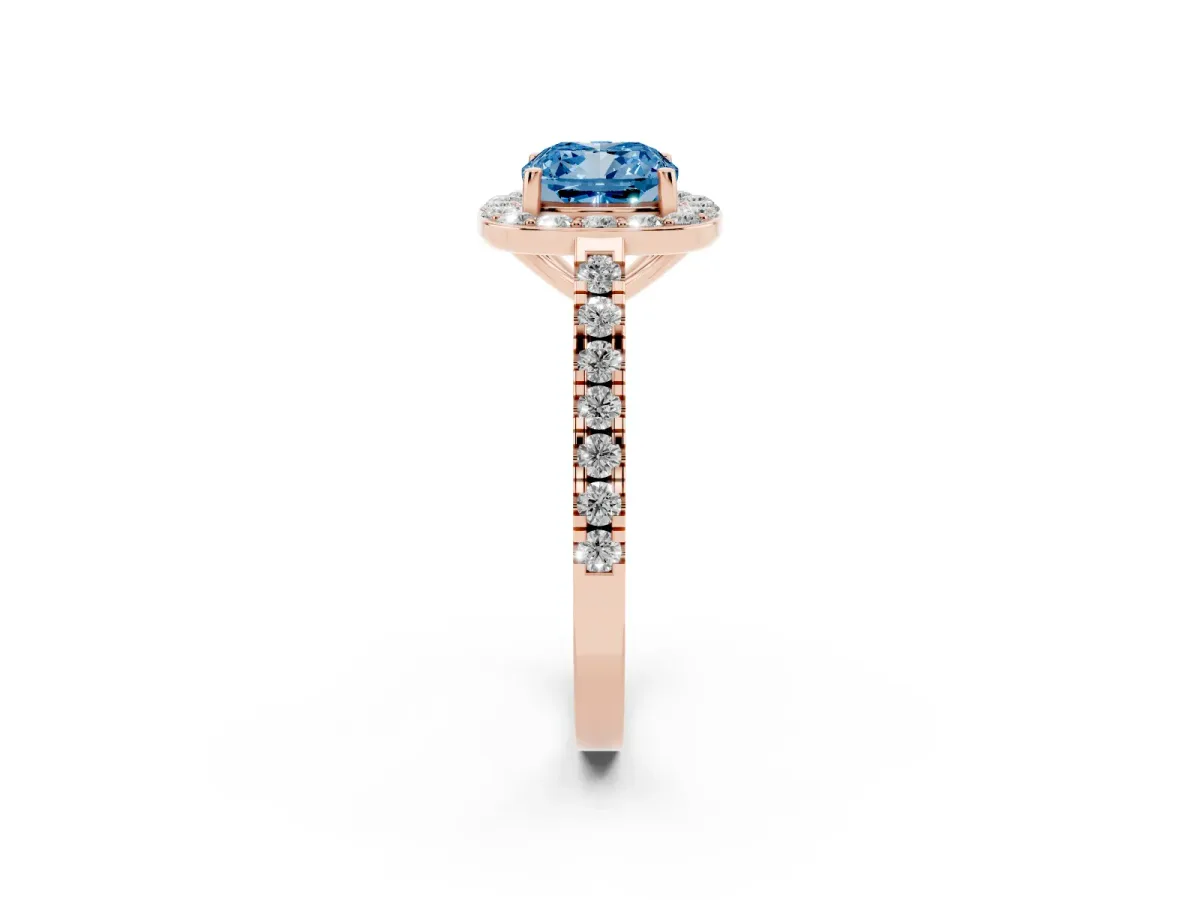 Fancy Blue Cushion Cut Diamond Halo Ring with Round Pavé Split Shank and Prong Setting Rose gold