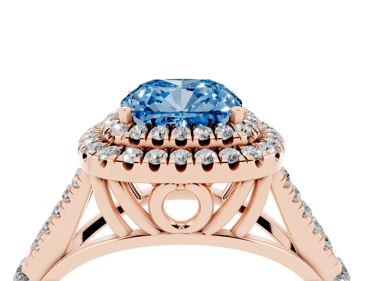 Fancy Blue Cushion Cut Diamond Pavé Split Shank Double Halo Engagement Ring Rose gold