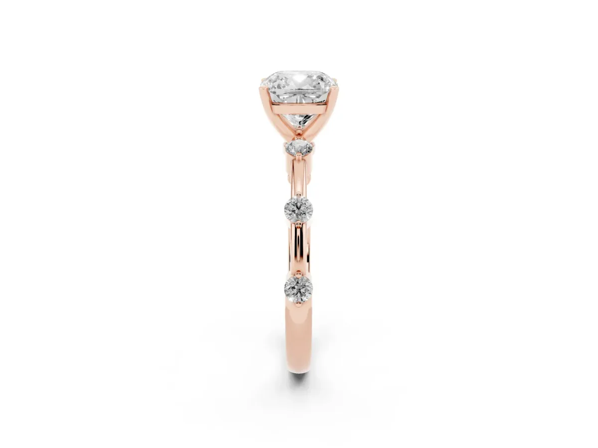 Cushion Cut Solitaire Diamond Ring with Bezel Set Side Stones and Prong Setting Rose gold