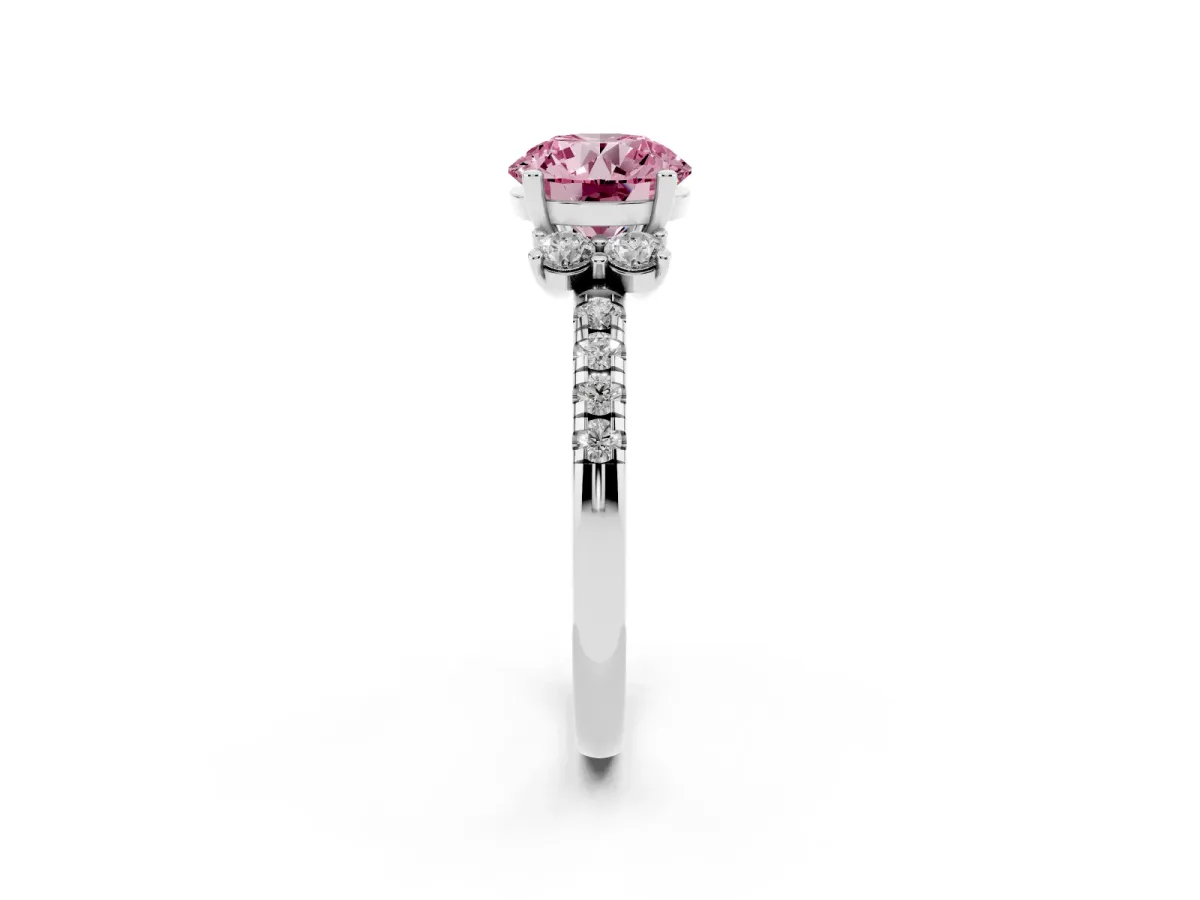 Fancy Pink Round Cut Diamond Three-Stone Pave Band with Four-Prong Setting Silver