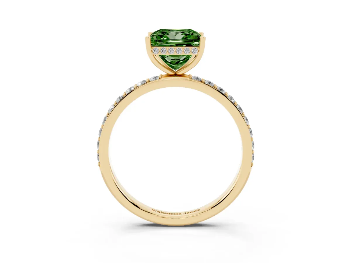 Fancy Green Princess Cut Diamond Solitaire Ring with Pavé Band and Hidden Halo Yellow gold