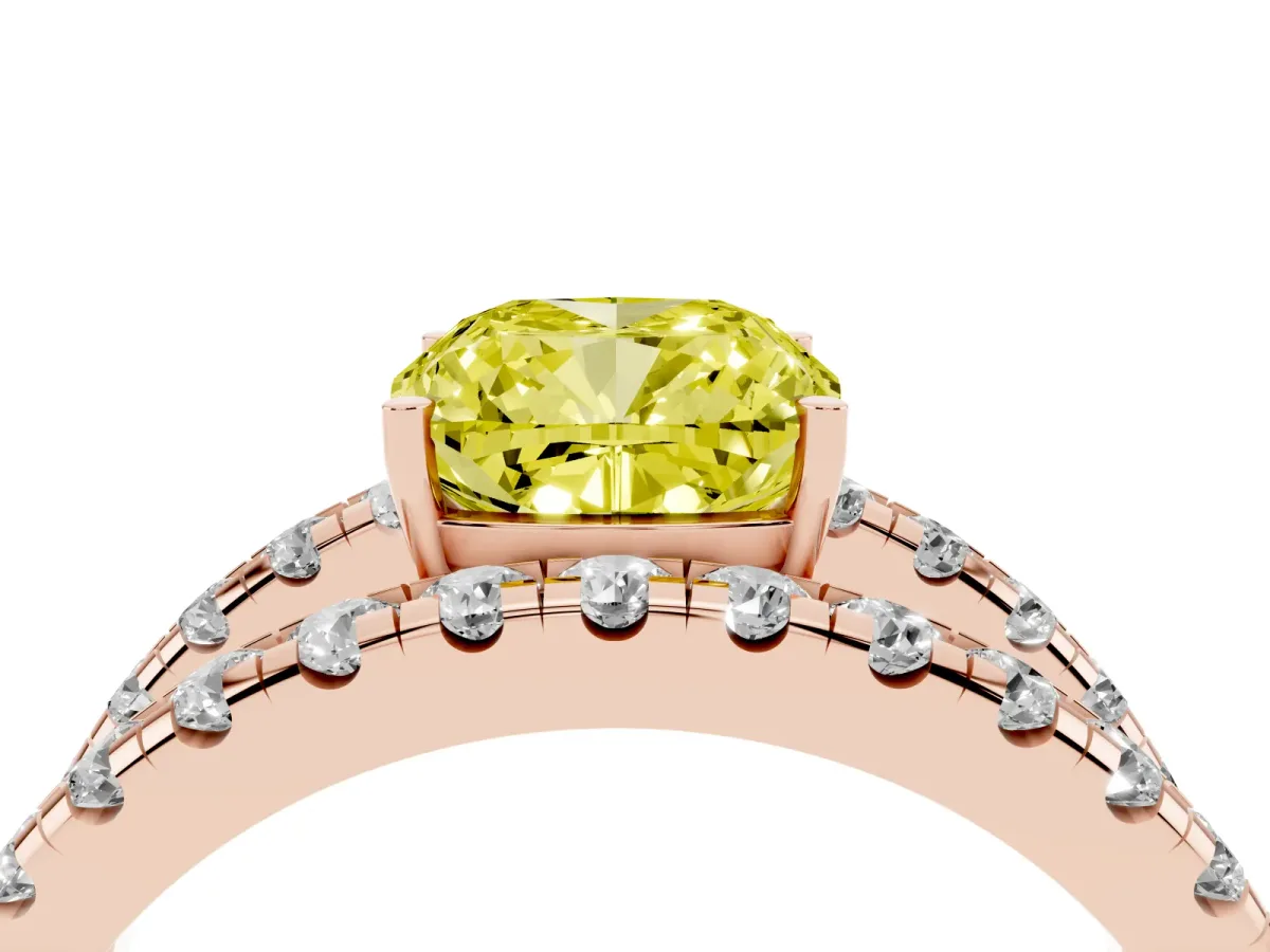 Fancy Yellow Cushion Cut Solitaire Split Shank Pave Diamond Ring Rose gold