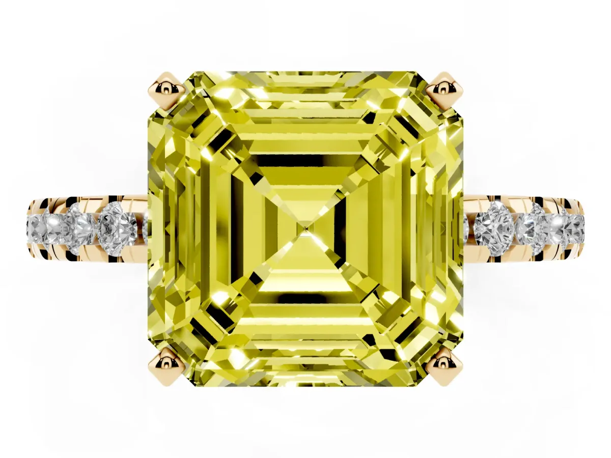 Fancy Yellow Asscher Cut Diamond Solitaire Ring with Round Pavé Band and Four-Prong Setting Yellow gold