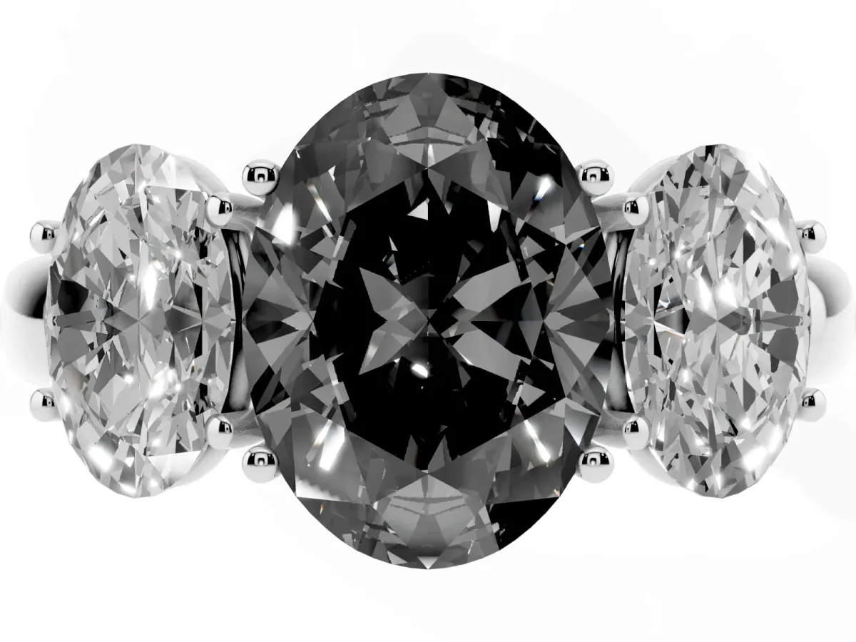 Fancy Black Oval Cut Diamond Three-Stone Ring with Four-Prong Setting and Classic Band Silver