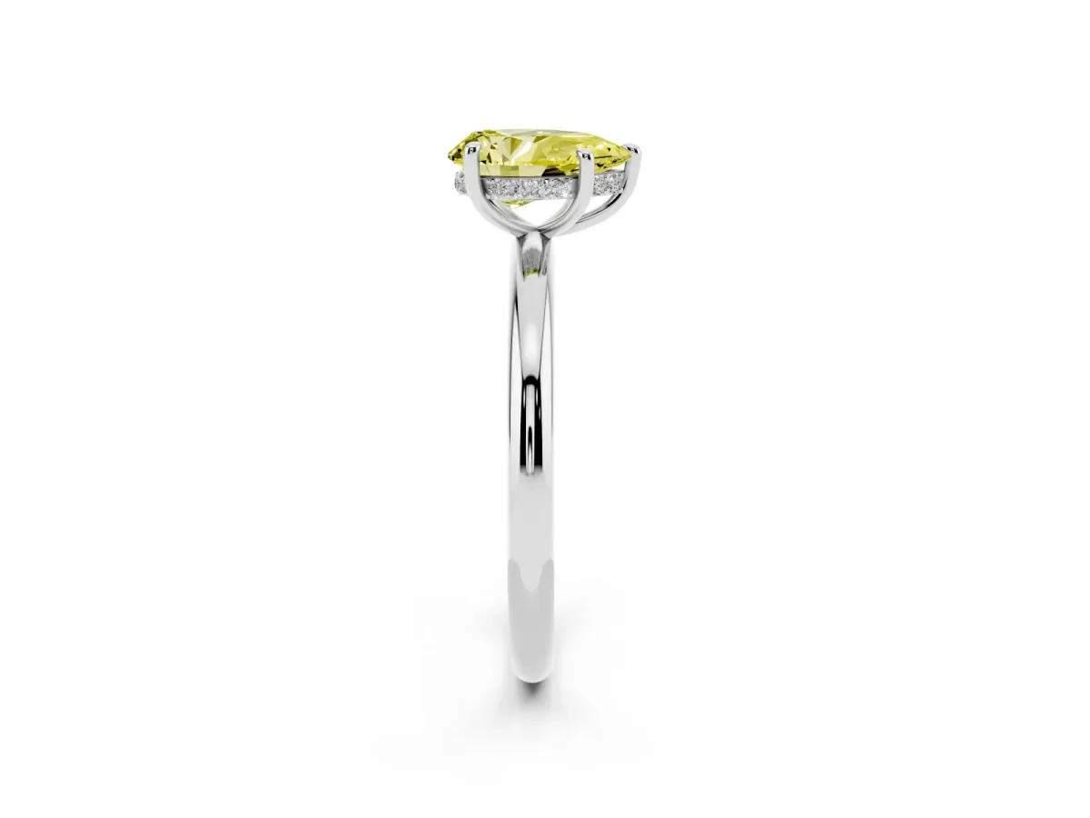 Fancy Yellow Pear Cut Diamond Solitaire Ring with Thin Band and Four-Prong Setting Silver