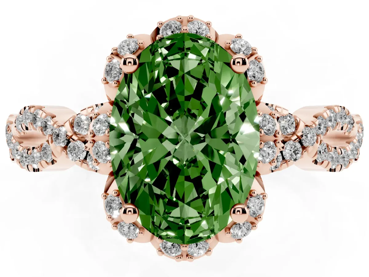 Fancy Green Oval Cut Halo Twist Band Solitaire Ring with Six-Prong Setting Rose gold