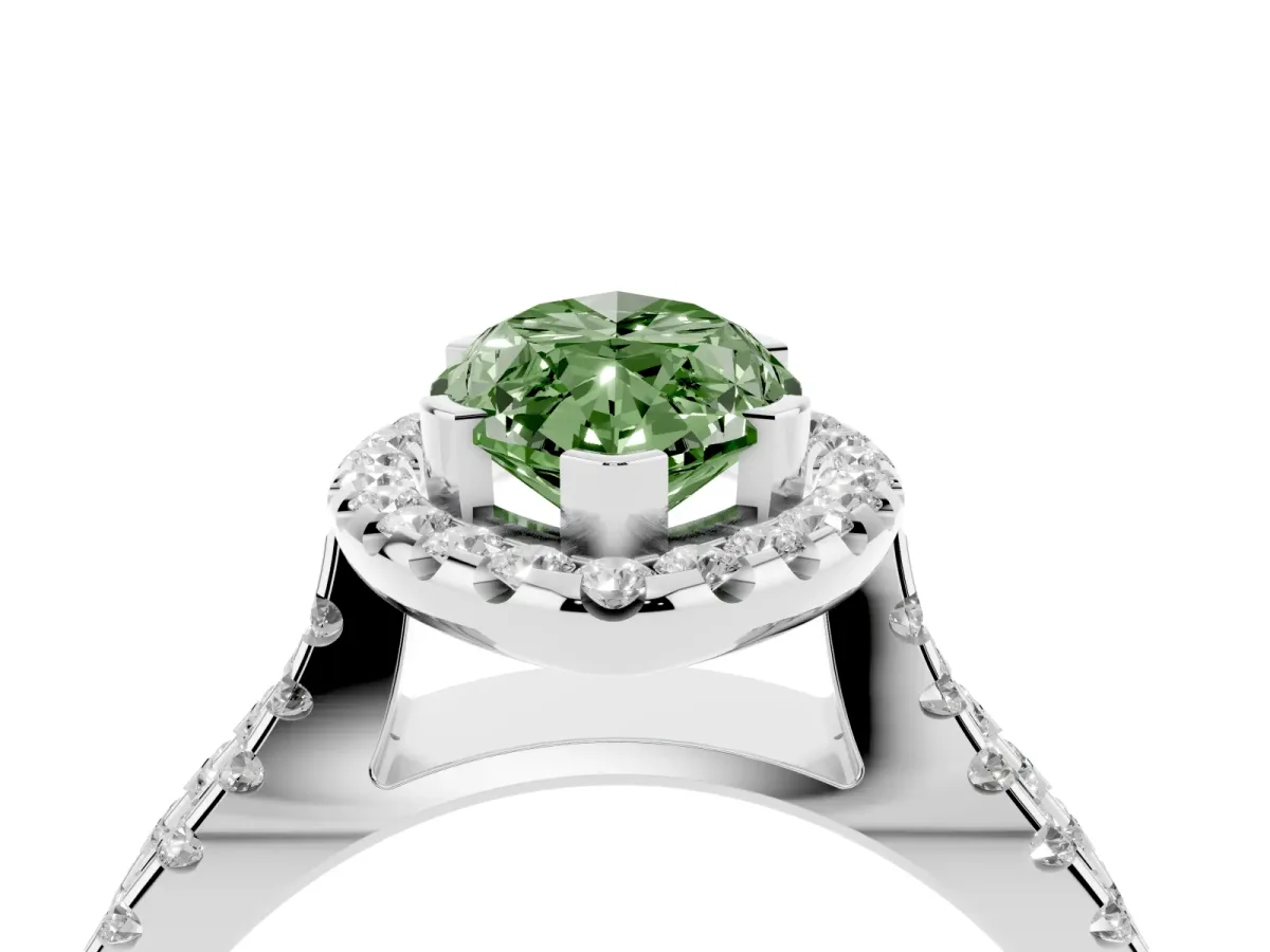Fancy Green Marquise Cut Diamond Halo Ring with Split Shank Pavé Band and Prong Setting Silver