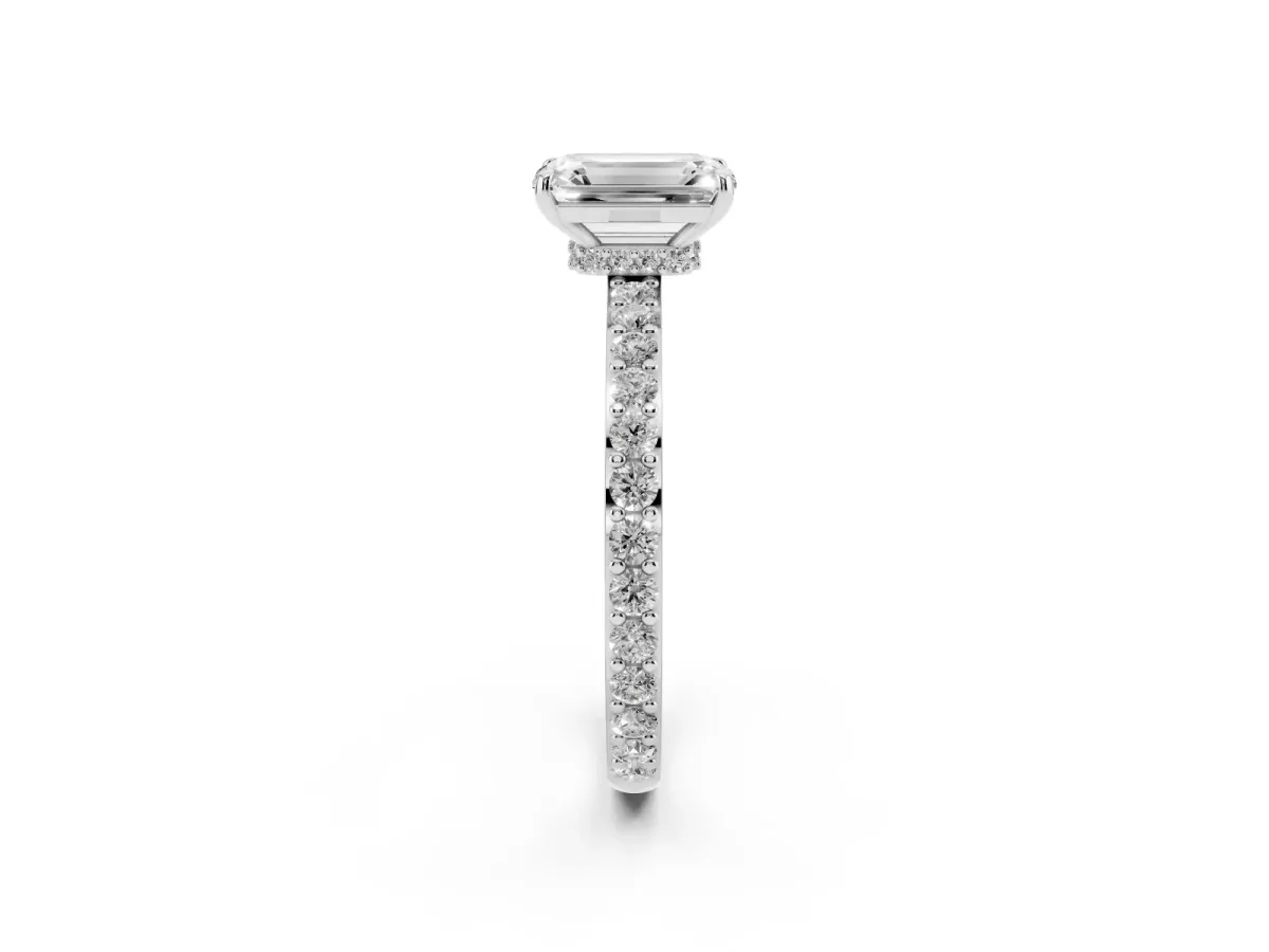 Emerald Cut Diamond Pavé Engagement Ring with Round Accents and Prong Setting Platinum