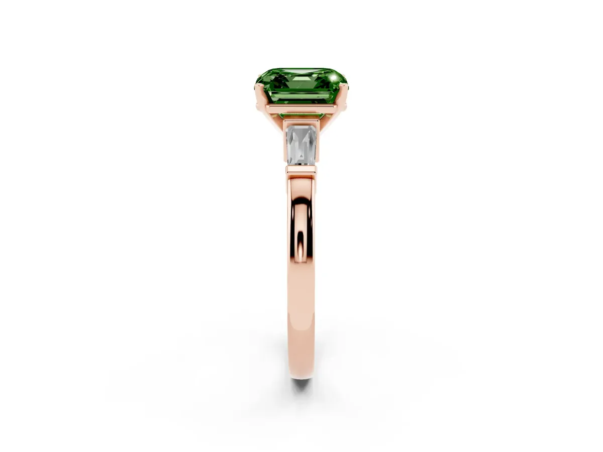 Fancy Green Asscher Cut Cut Diamond Solitaire Ring with Tapered Baguette Accents and Four-Prong Setting Rose gold