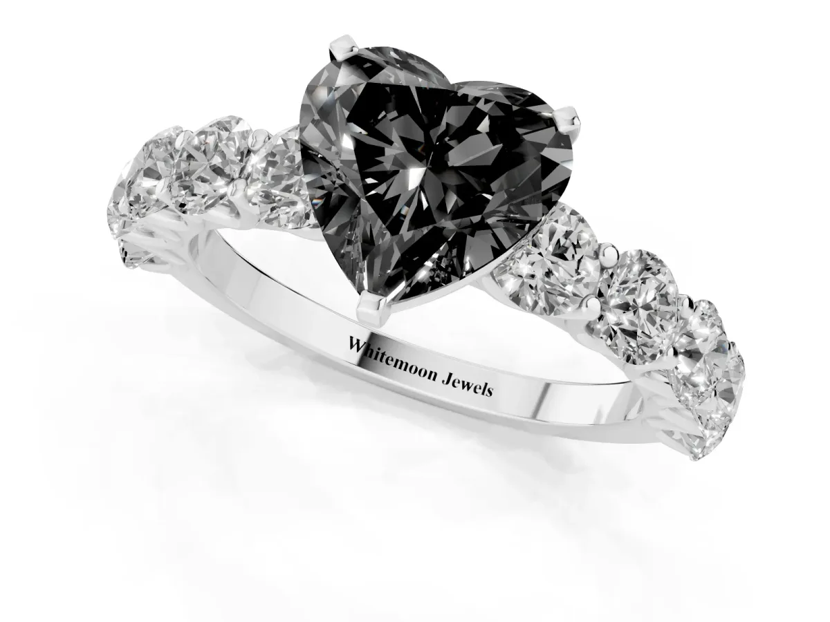 Fancy Black Heart Cut Diamond Prong Setting with Side Stones on a Pave Band Silver