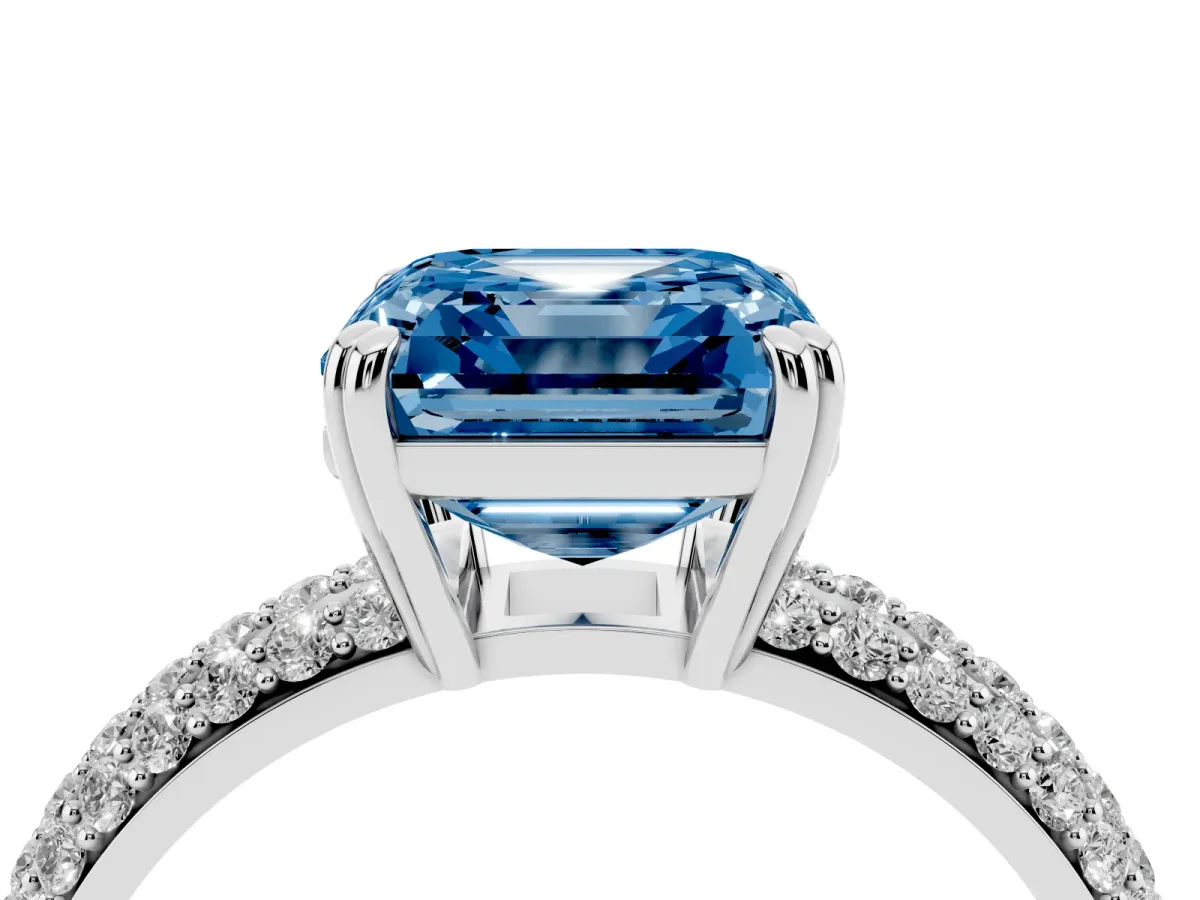 Fancy Blue Asscher Cut Diamond Solitaire Ring with Multi-Row Round Pavé Band and Prong Setting Silver