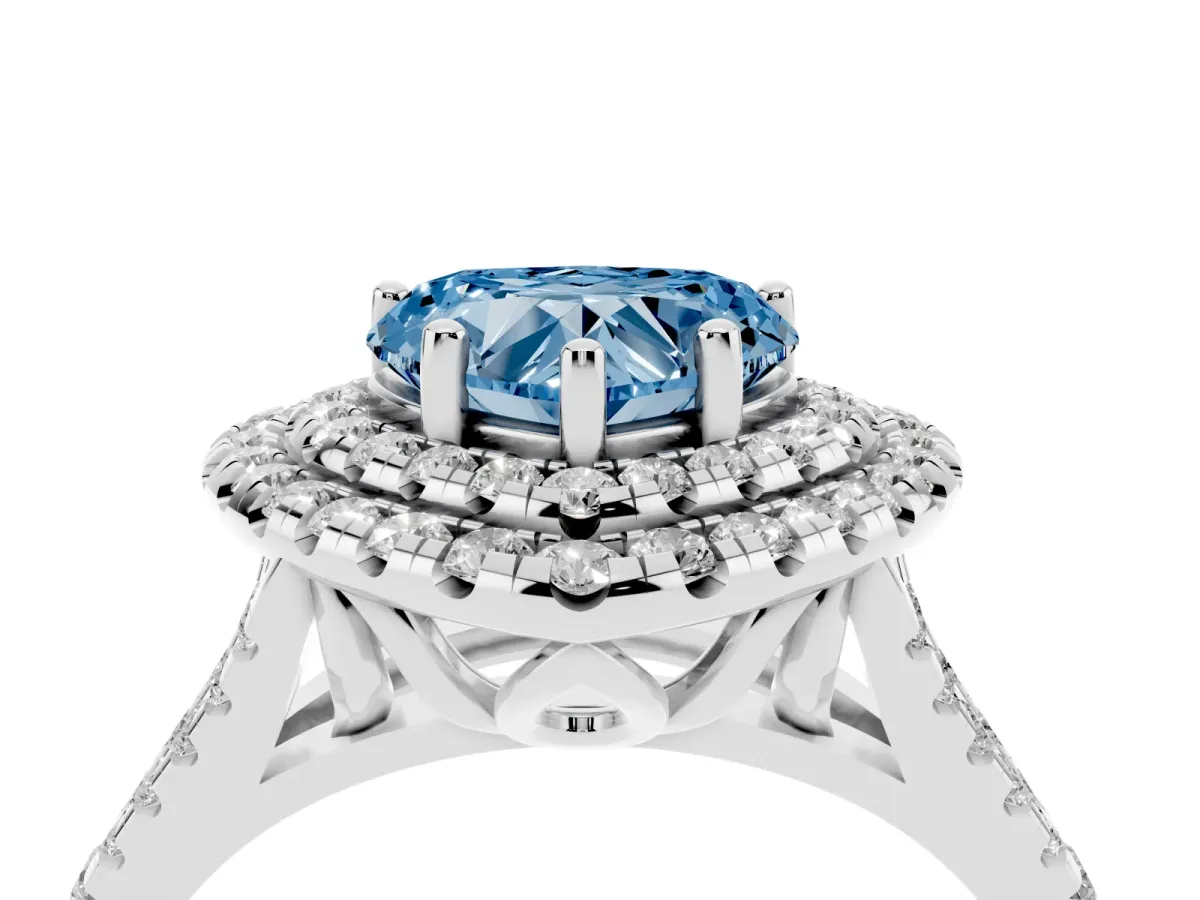Fancy Blue Double Halo Heart Cut Diamond Pavé Split Shank Ring with Prong Setting Platinum