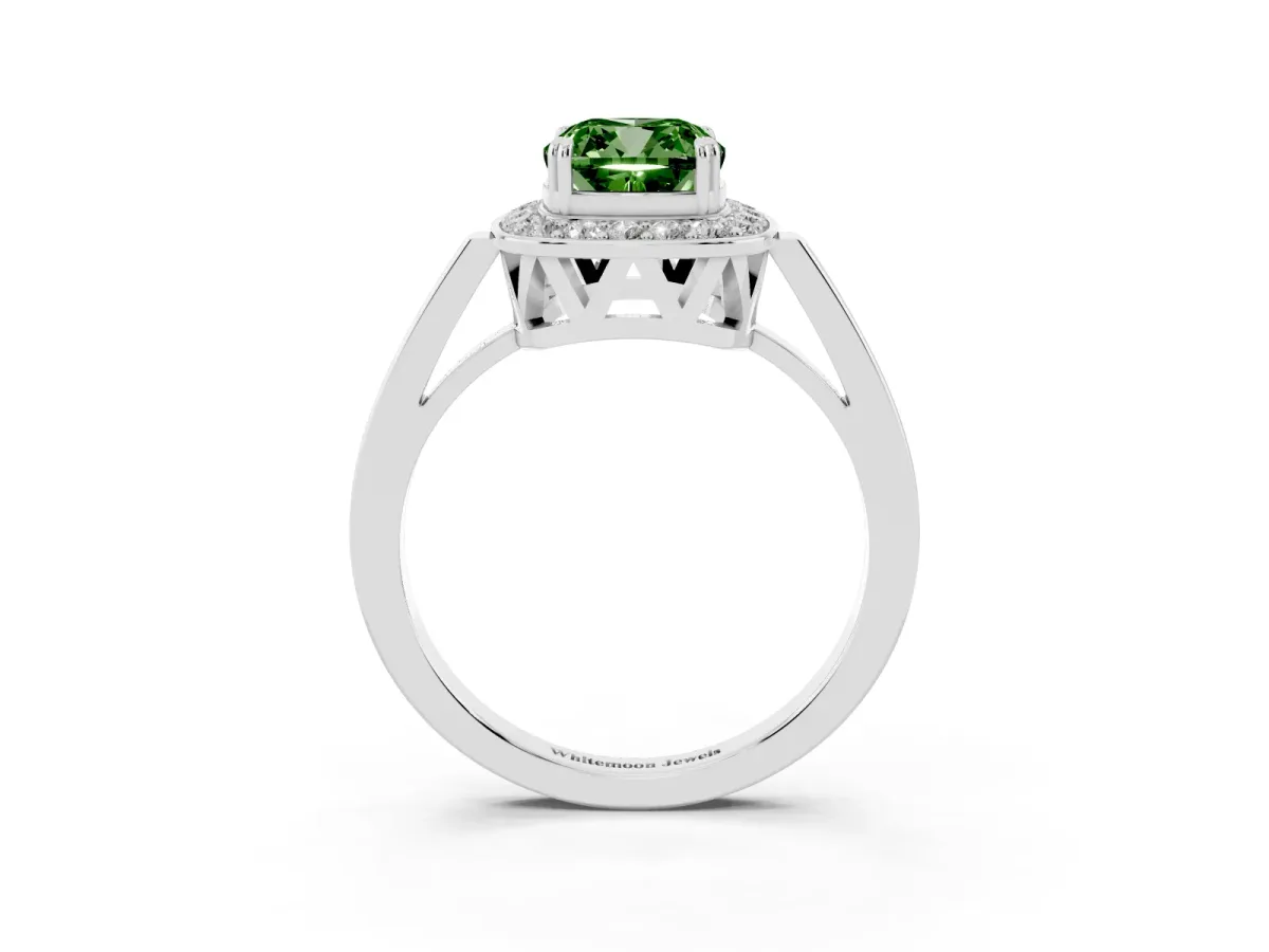 Fancy Green Cushion Cut Diamond Halo Ring with Split Shank and Four-Prong Setting Silver