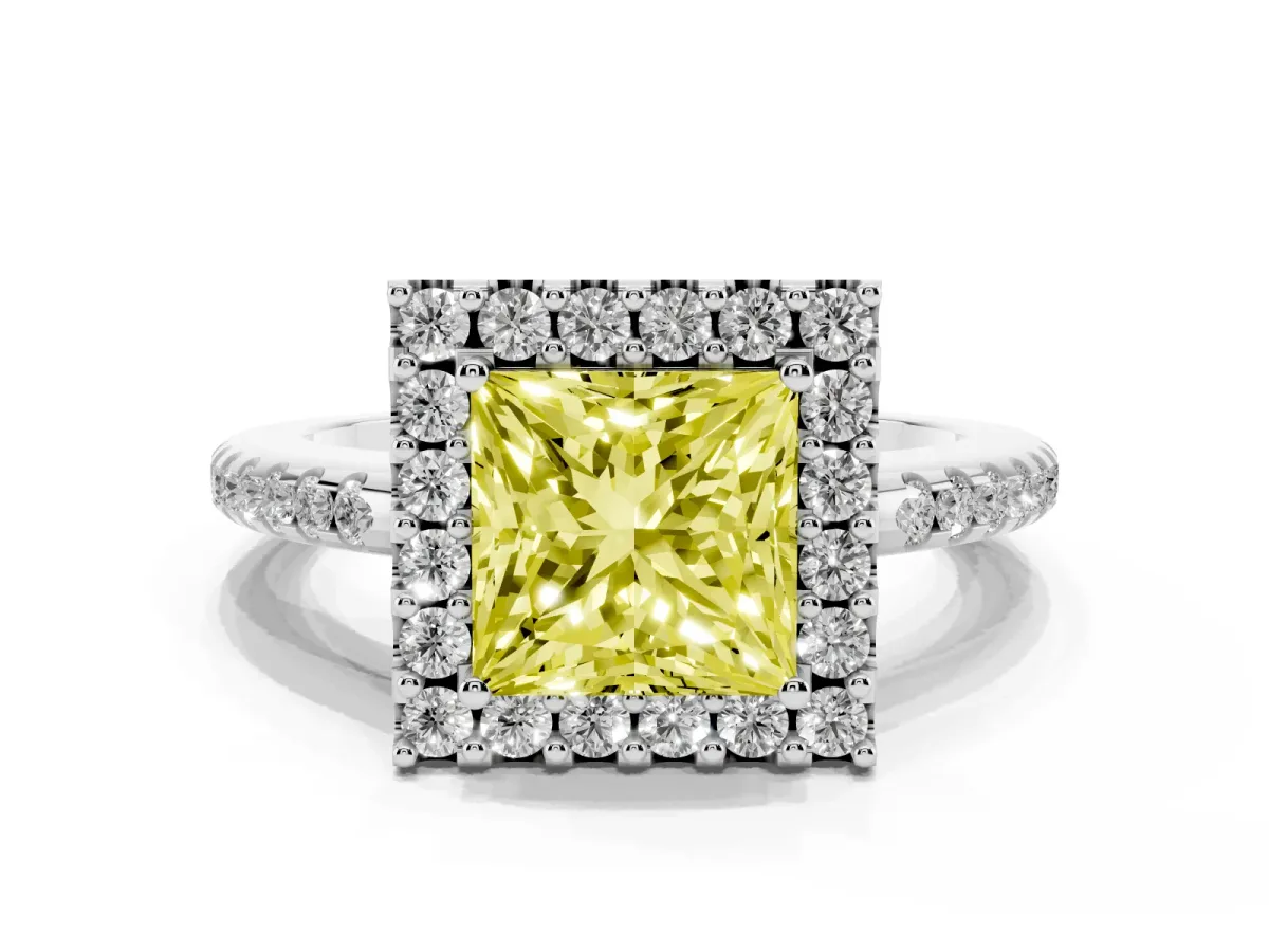 Fancy Yellow Princess Cut Diamond Pavé Halo Ring with Four-Prong Setting Silver