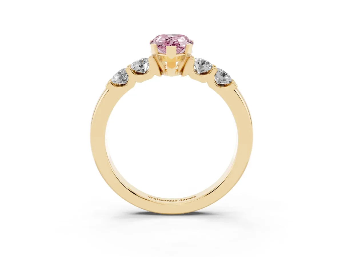 Fancy Pink Pear Cut Brilliant Cut Diamond Five-Stone Prong Set Engagement Ring with Channel Band Yellow gold