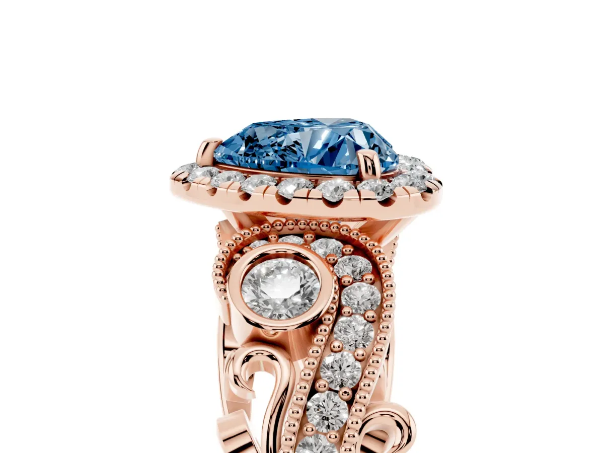 Fancy Blue Heart Cut Halo Diamond Ring with Milgrain and Bezel Accents on a Split Shank Band Rose gold