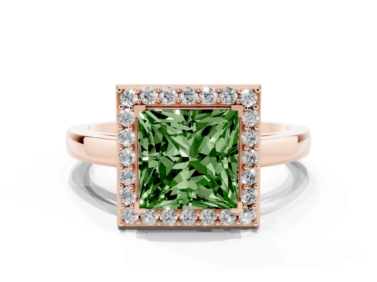 Fancy Green Princess Cut Halo Diamond Ring with Solitaire Band and Prong Setting Rose gold