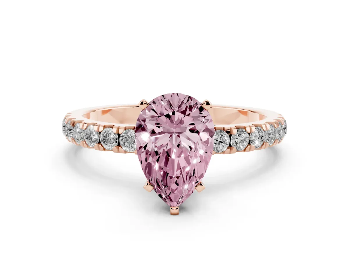 Fancy Pink Pear Cut Diamond Solitaire Ring with Pavé Accents and Four-Prong Setting Rose gold
