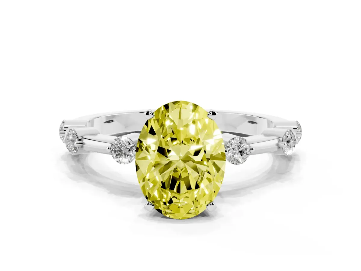 Fancy Yellow Oval Cut Solitaire Diamond Ring with Bezel Set Side Stones and Prong Setting Silver