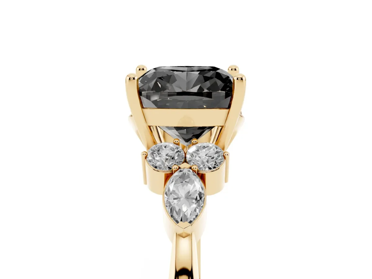 Fancy Black Cushion Cut Brilliant Diamond Solitaire Ring with Pear Side Stones and Four-Prong Setting Yellow gold