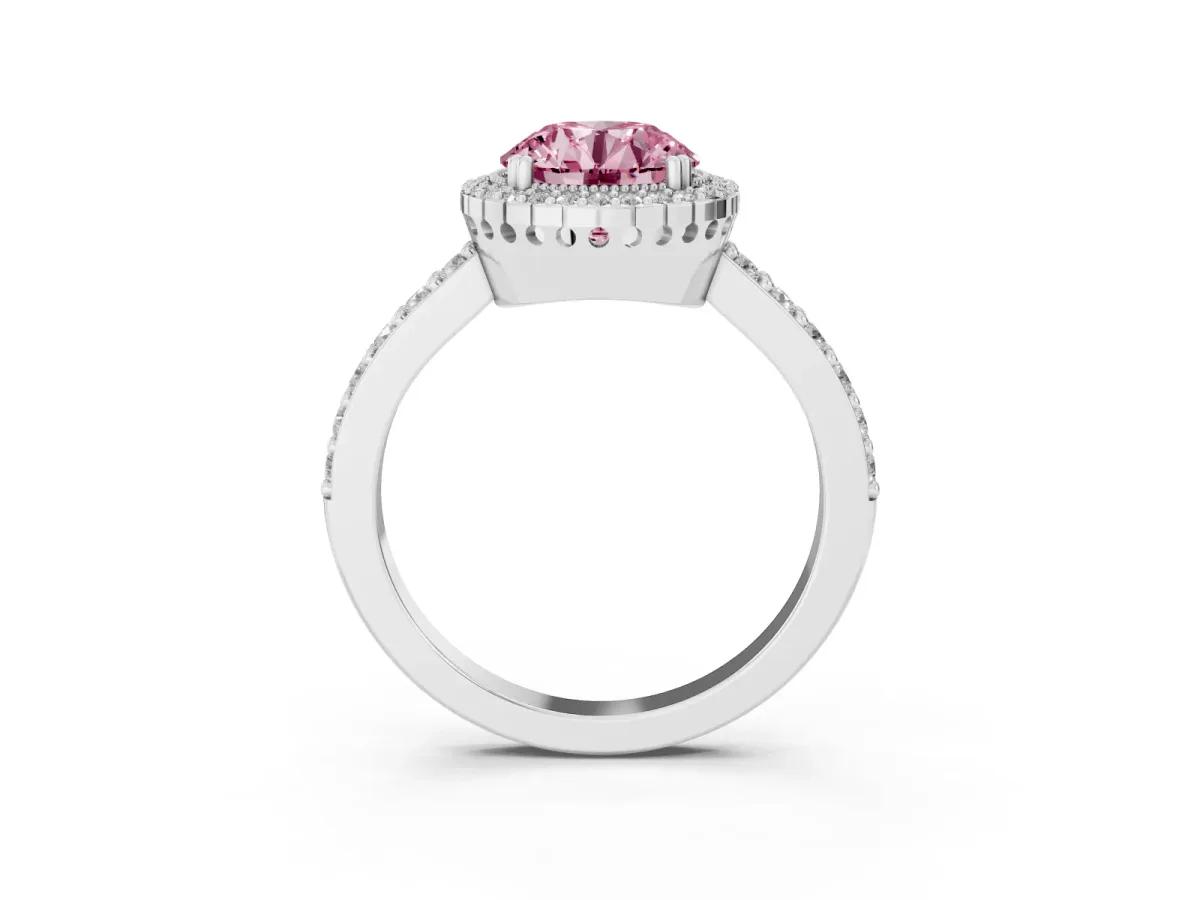 Fancy Pink Round Cut Cut Diamond Halo Engagement Ring with Milgrain Detail and Pavé Band Silver