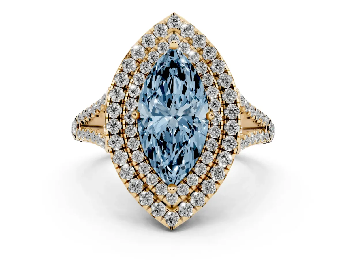 Fancy Blue Marquise Cut Diamond Double Halo Ring with Pavé Band and Prong Setting Yellow gold