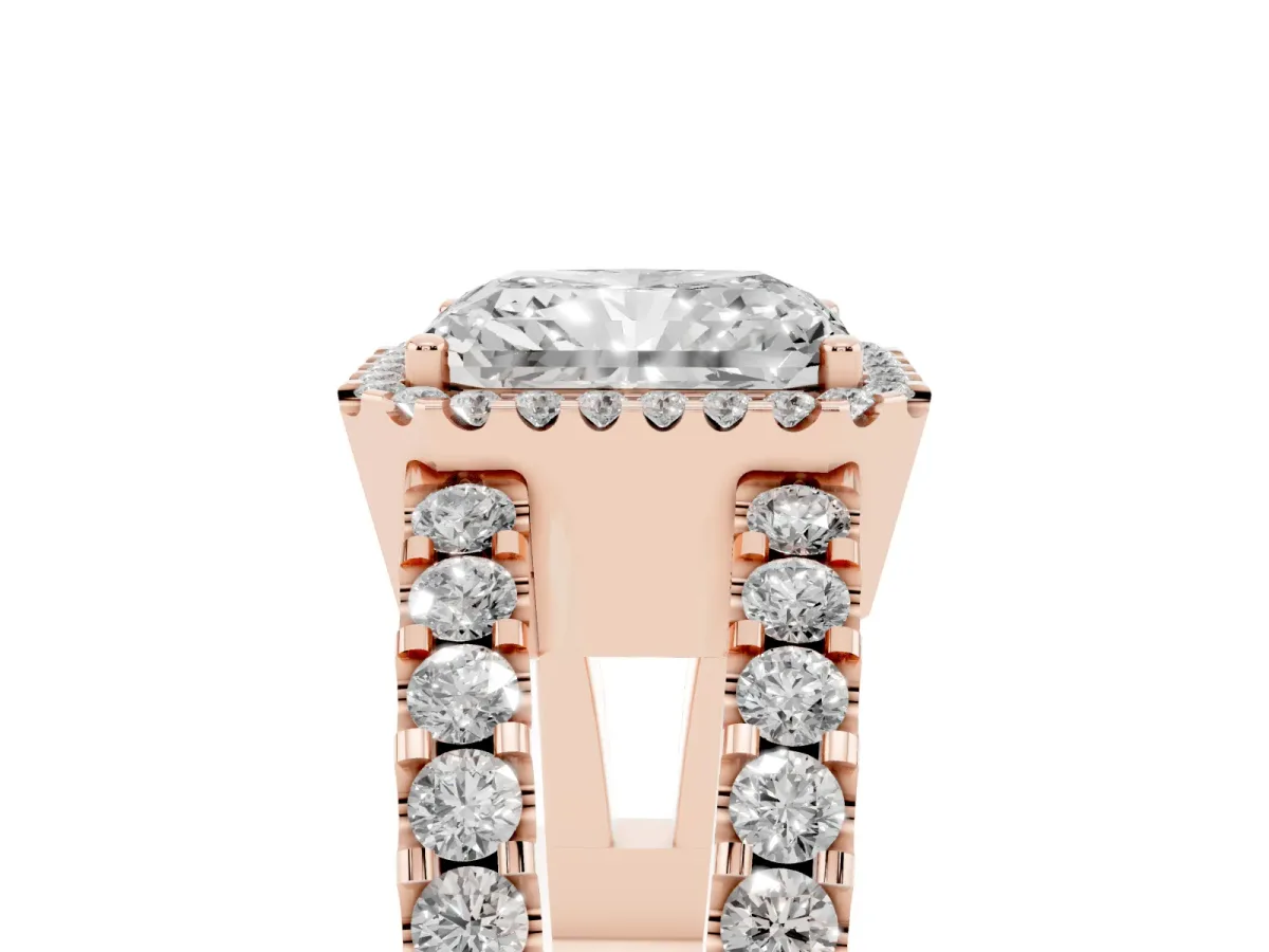 Radiant Cut Cut Halo Split Shank Diamond Ring with Four-Prong Setting Rose gold
