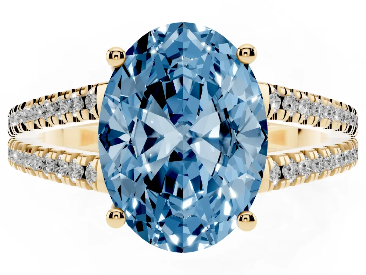 Fancy Blue Oval Cut Diamond Solitaire Engagement Ring with Split Shank Pavé Band Yellow gold