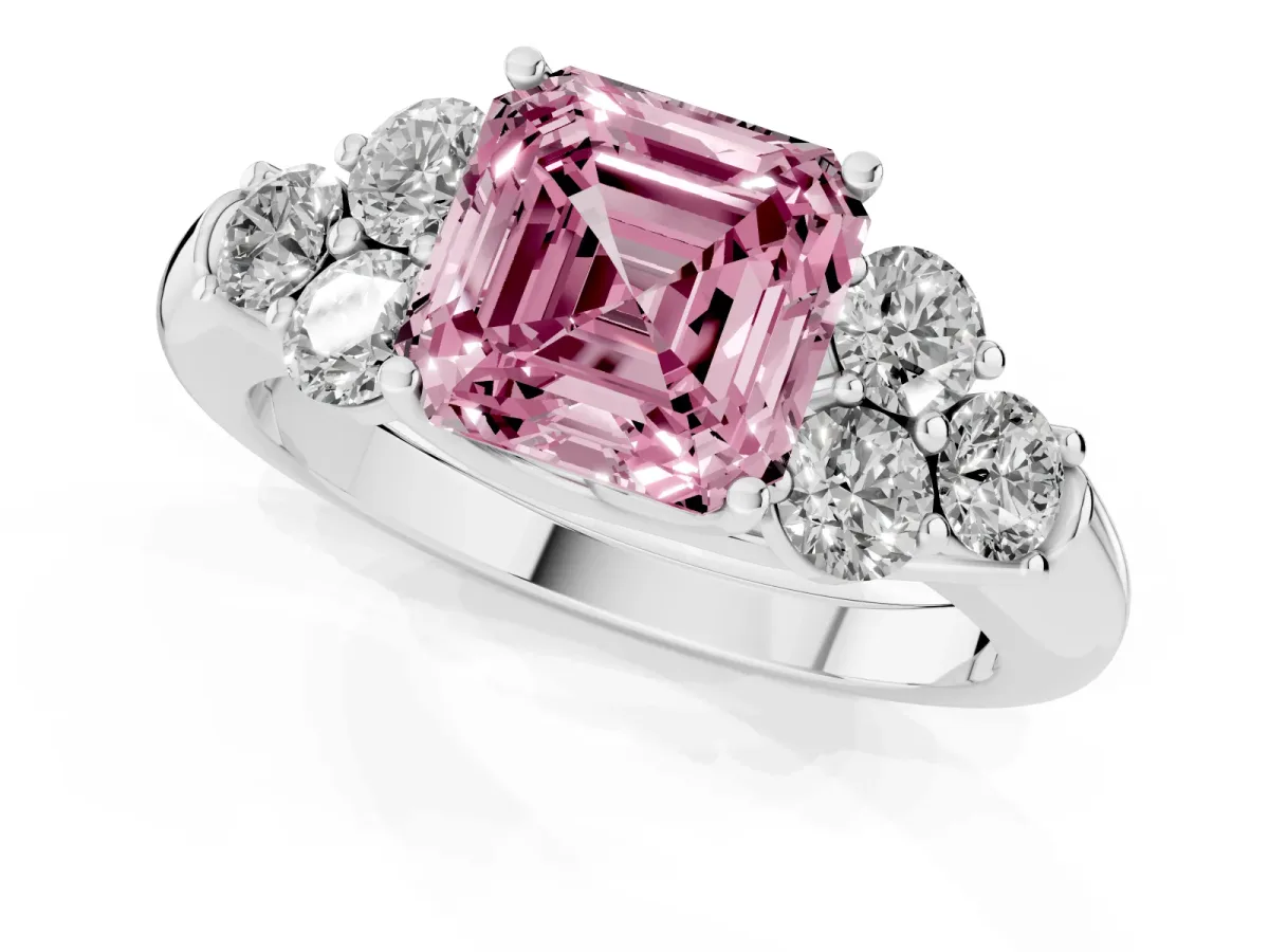 Fancy Pink Asscher Cut Cut Diamond Cluster Ring with Round Accent Stones and Prong Setting on a Classic Band White gold