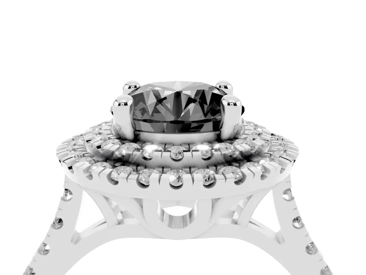 Fancy Black Double Halo Round Cut Diamond Pavé Band with Four-Prong Setting Silver