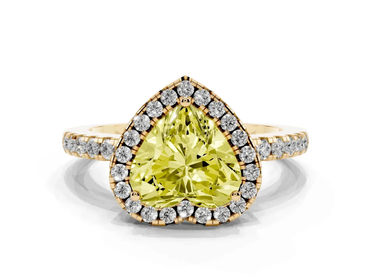 Fancy Yellow Heart Cut Halo Diamond Engagement Ring with Pavé Band and Four-Prong Setting Yellow gold