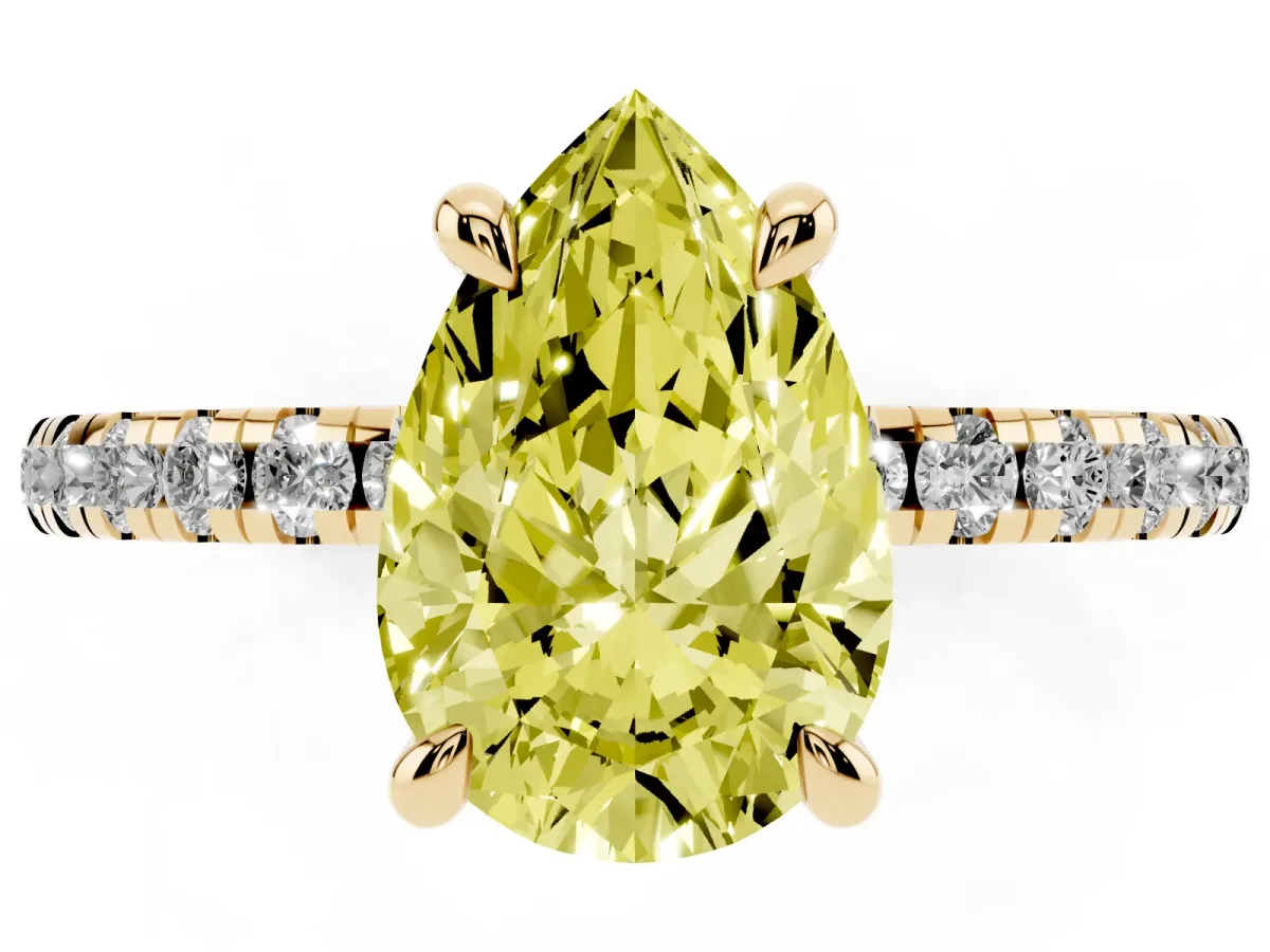 Fancy Yellow Pear Cut Diamond Brilliant Solitaire Ring with Pavé Band and Four-Prong Setting Yellow gold