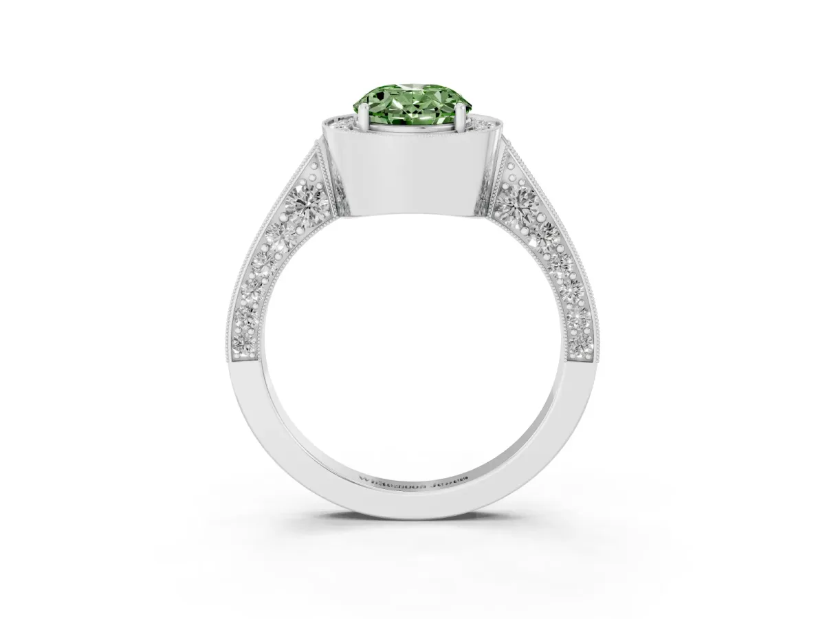 Fancy Green Oval Cut Halo Diamond Engagement Ring with Split Shank Band and Four-Prong Setting Silver