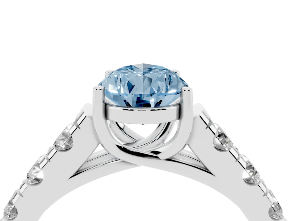 Fancy Blue Pear Cut Cut Diamond Solitaire Ring with Micro Pave Band and Prong Setting Silver