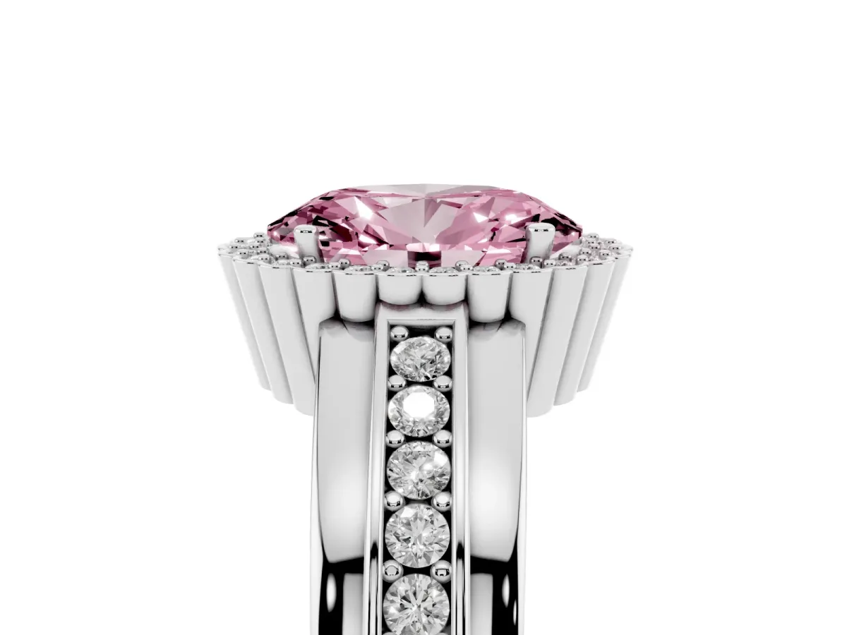 Fancy Pink Oval Cut Cut Halo Pave Band Four-Prong Ring Platinum