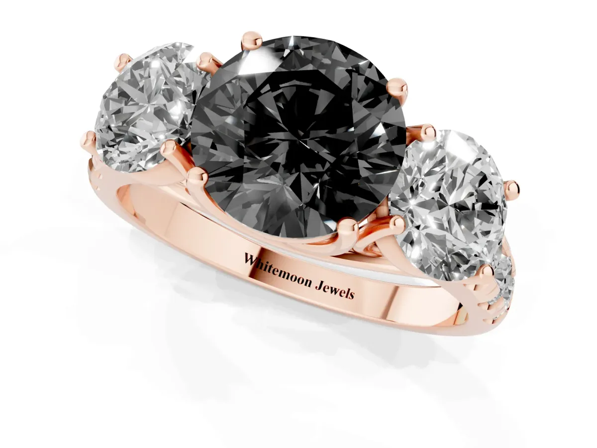 Fancy Black Three-Stone Round Cut Diamond Pavé Band with Prong Setting Rose gold