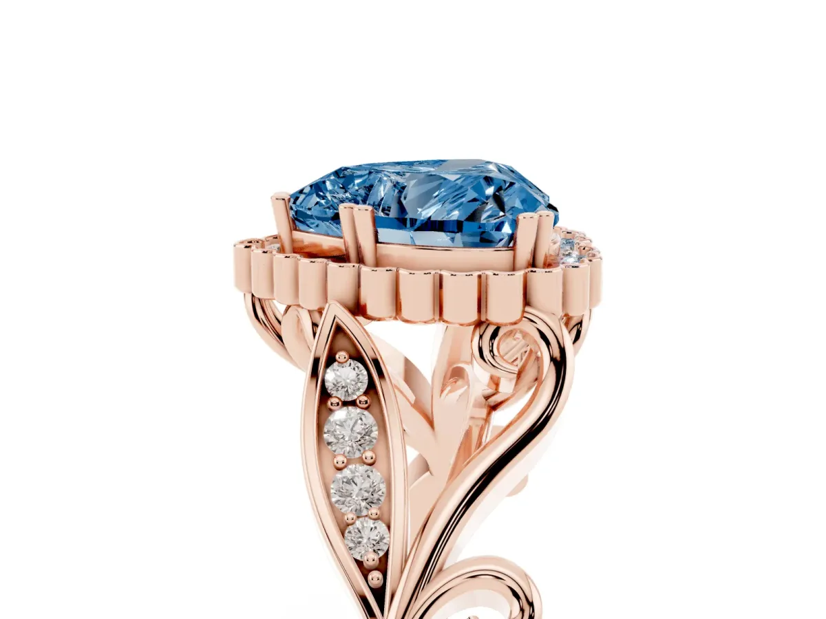 Fancy Blue Heart Cut Diamond Halo Ring with Vintage Split Shank and Four-Prong Setting Rose gold