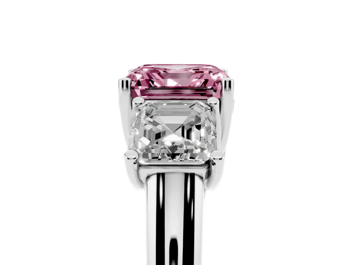 Fancy Pink Three-Stone Asscher Cut Diamond Engagement Ring with Prong Setting Silver
