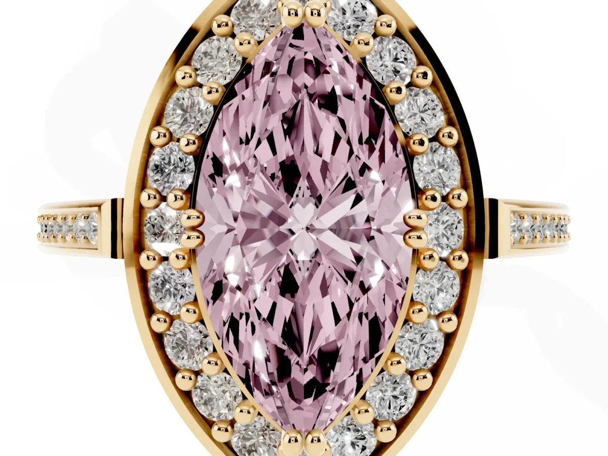 Fancy Pink Marquise Cut Diamond Halo Ring with Split Shank and Four-Prong Setting Yellow gold
