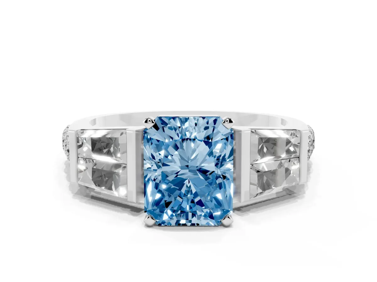 Fancy Blue Radiant Cut Diamond Engagement Ring with Baguette Side Stones and Channel Set Band White gold