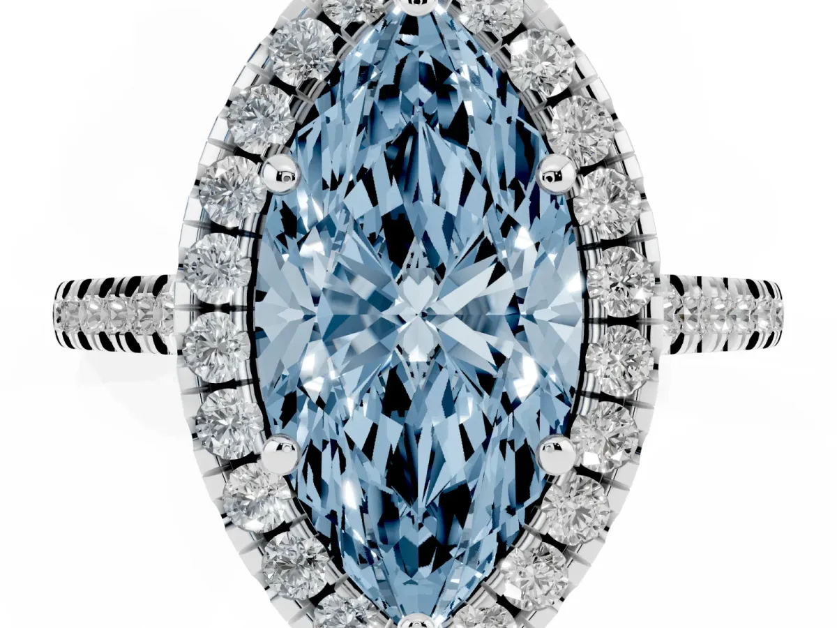 Fancy Blue Marquise Cut Diamond Cushion Halo Ring with Pavé Band Platinum