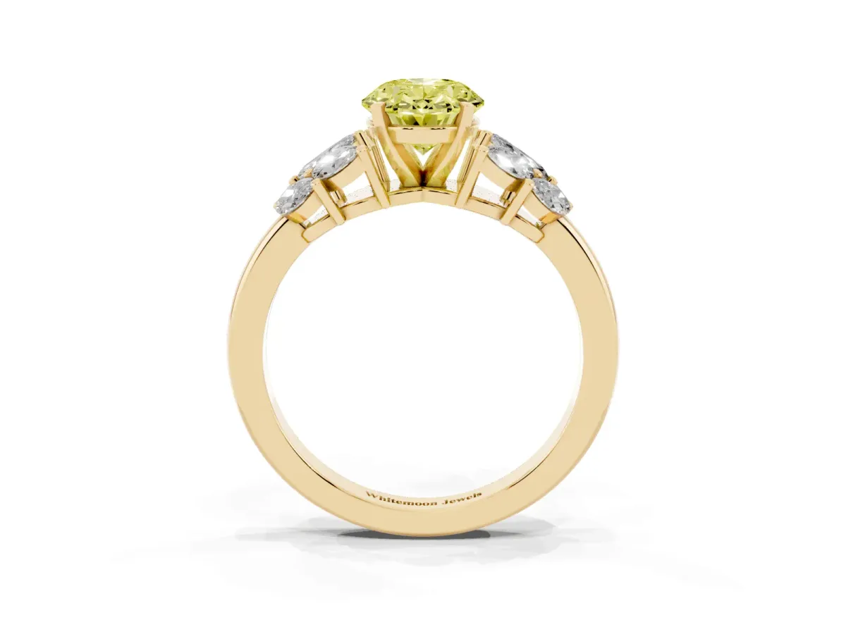 Fancy Yellow Oval Cut Diamond Cluster Leaf Design Ring with Prong Setting Yellow gold