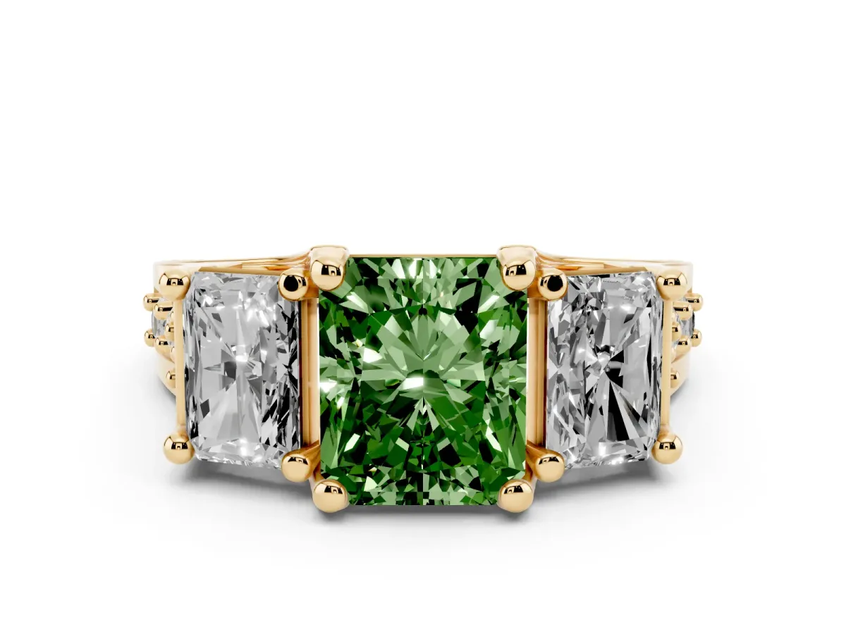 Fancy Green Radiant Cut Diamond Three-Stone Ring with Channel Set Band and Four-Prong Setting Yellow gold