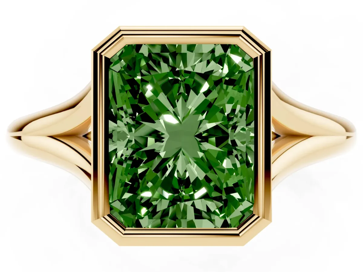 Fancy Green Bezel Set Radiant Cut Cut Solitaire Ring with Tapered Band Yellow gold